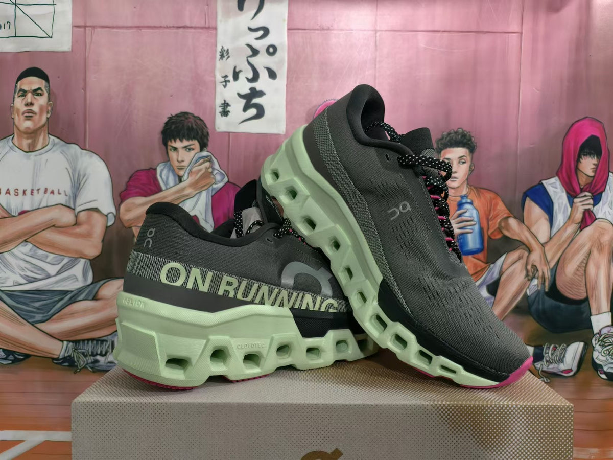 On Running Cloudmonster Sneakers in Black and Lime Green