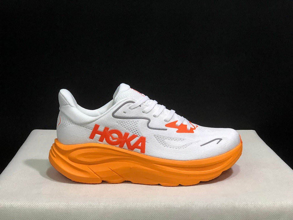 HOKA Clifton 10 Running Shoes in White and Orange