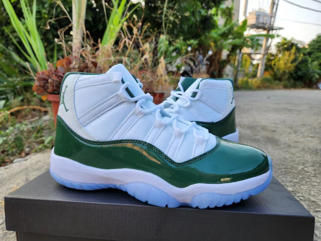 Jordan 11 White and Dark Green High-Top Sneakers