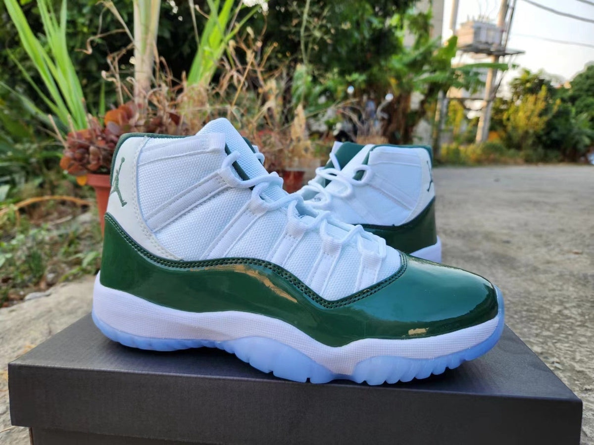 Jordan 11 White and Dark Green High-Top Sneakers
