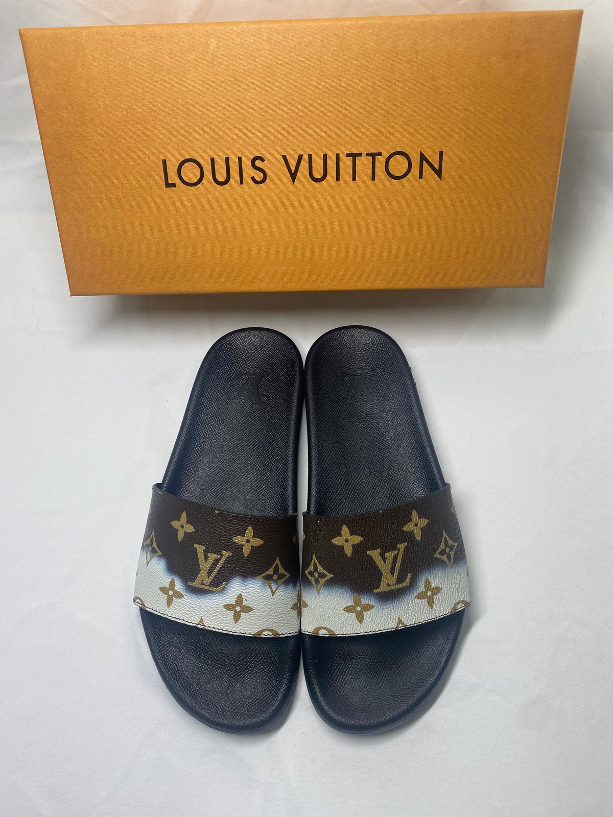 Louis Vuitton Monogram Slide Sandals with Black Footbed