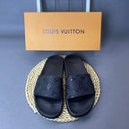 Louis Vuitton Monogram Slide Sandals with Black Footbed