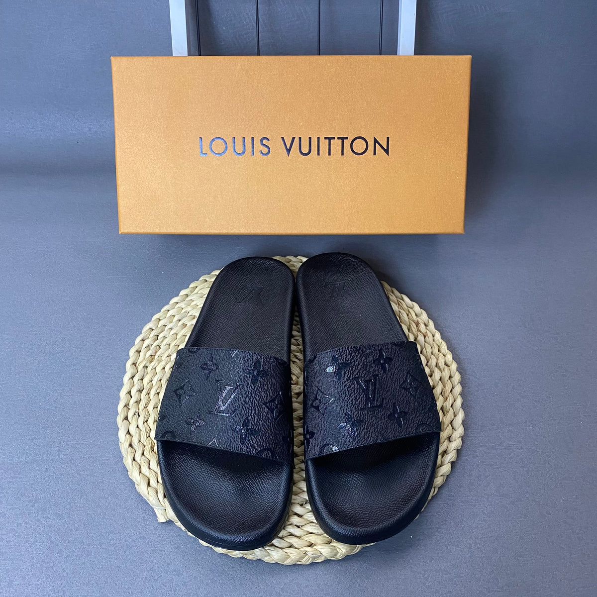 Louis Vuitton Monogram Slide Sandals with Black Footbed