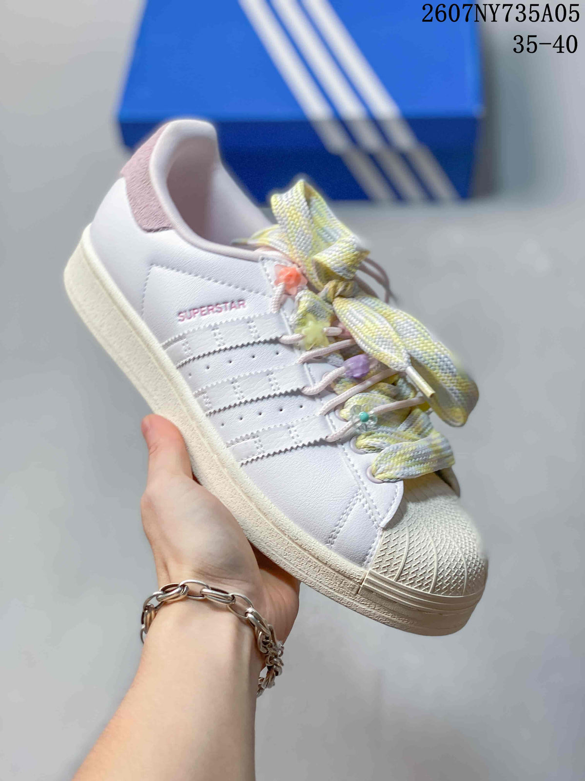 Adidas Superstar Custom White Sneakers with Pastel Laces