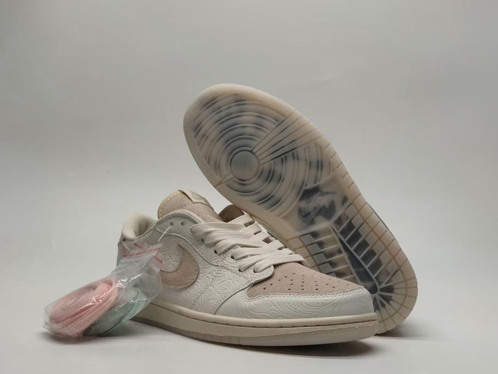 Jordan 1 Low Paisley Embossed Sneakers in Cream and Taupe
