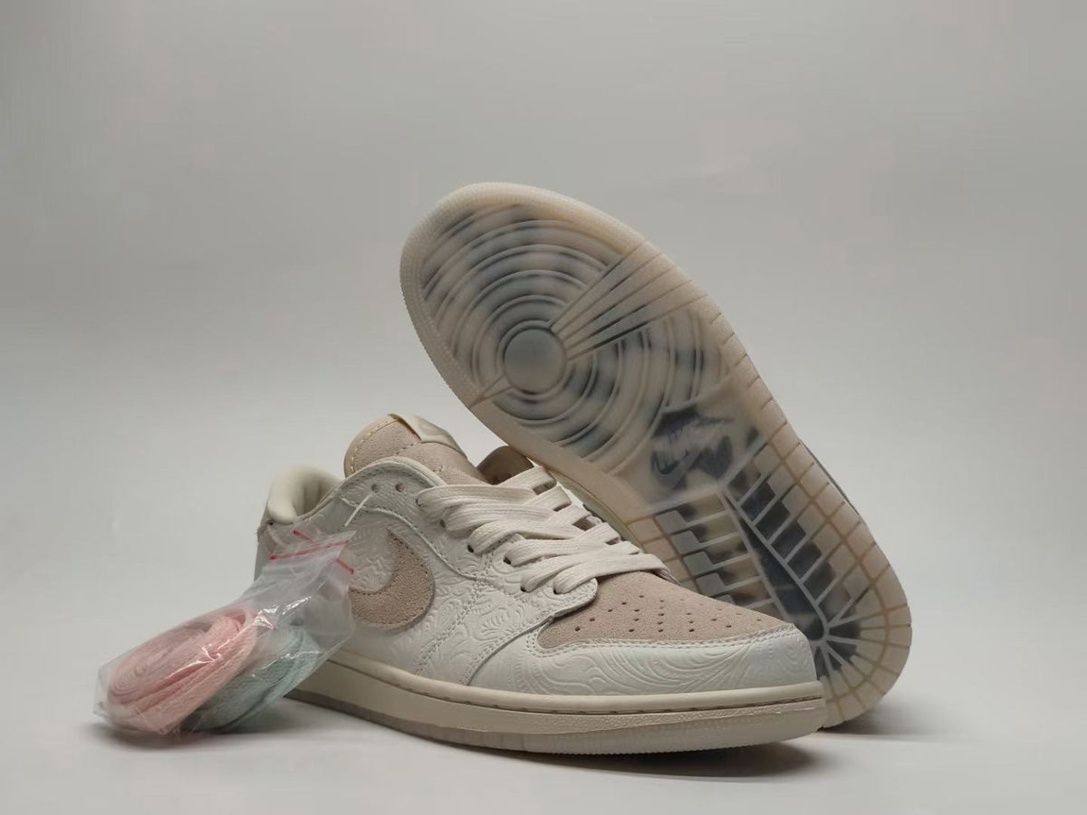 Jordan 1 Low Paisley Embossed Sneakers in Cream and Taupe