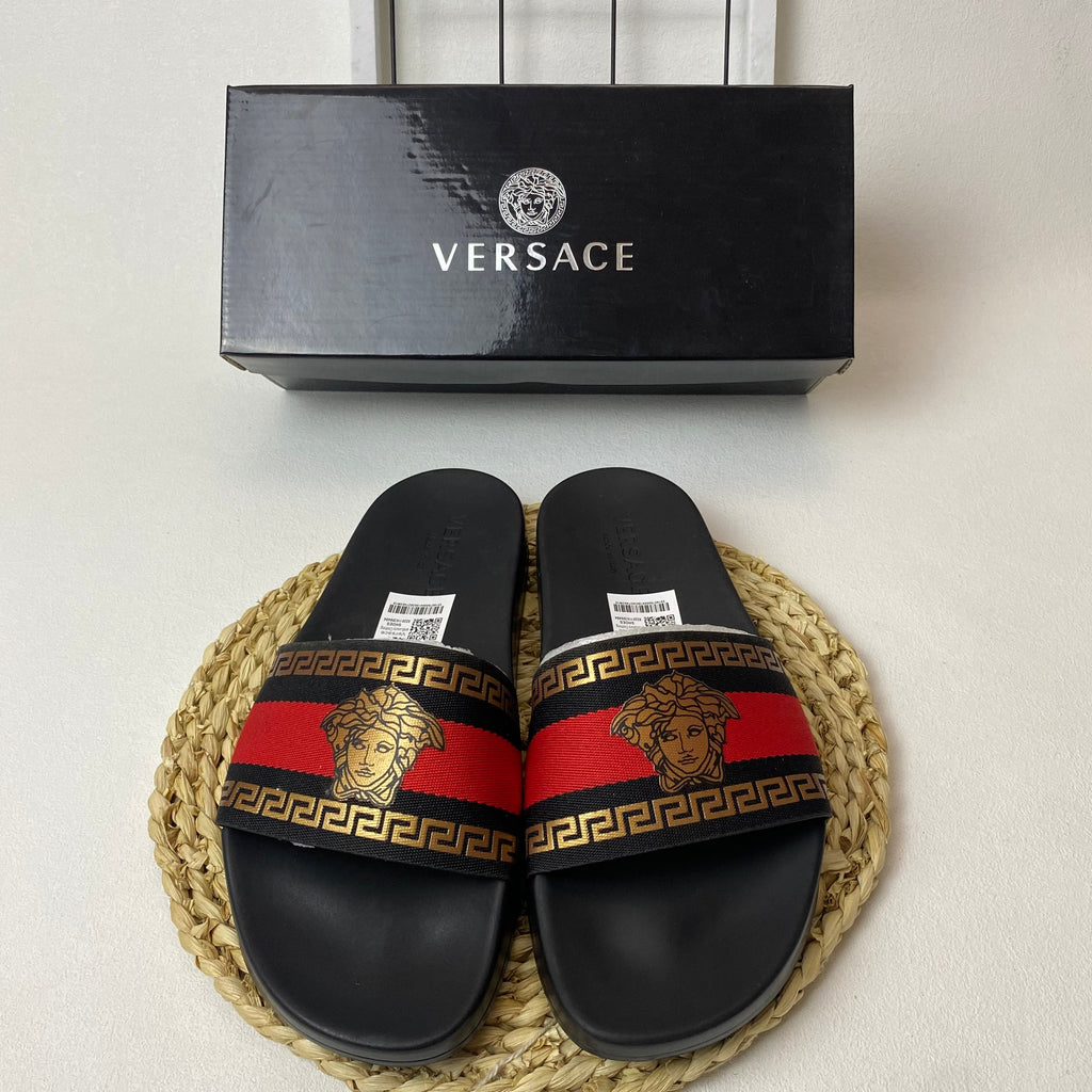 Versace Medusa Slide Sandals with Greek Key Detail