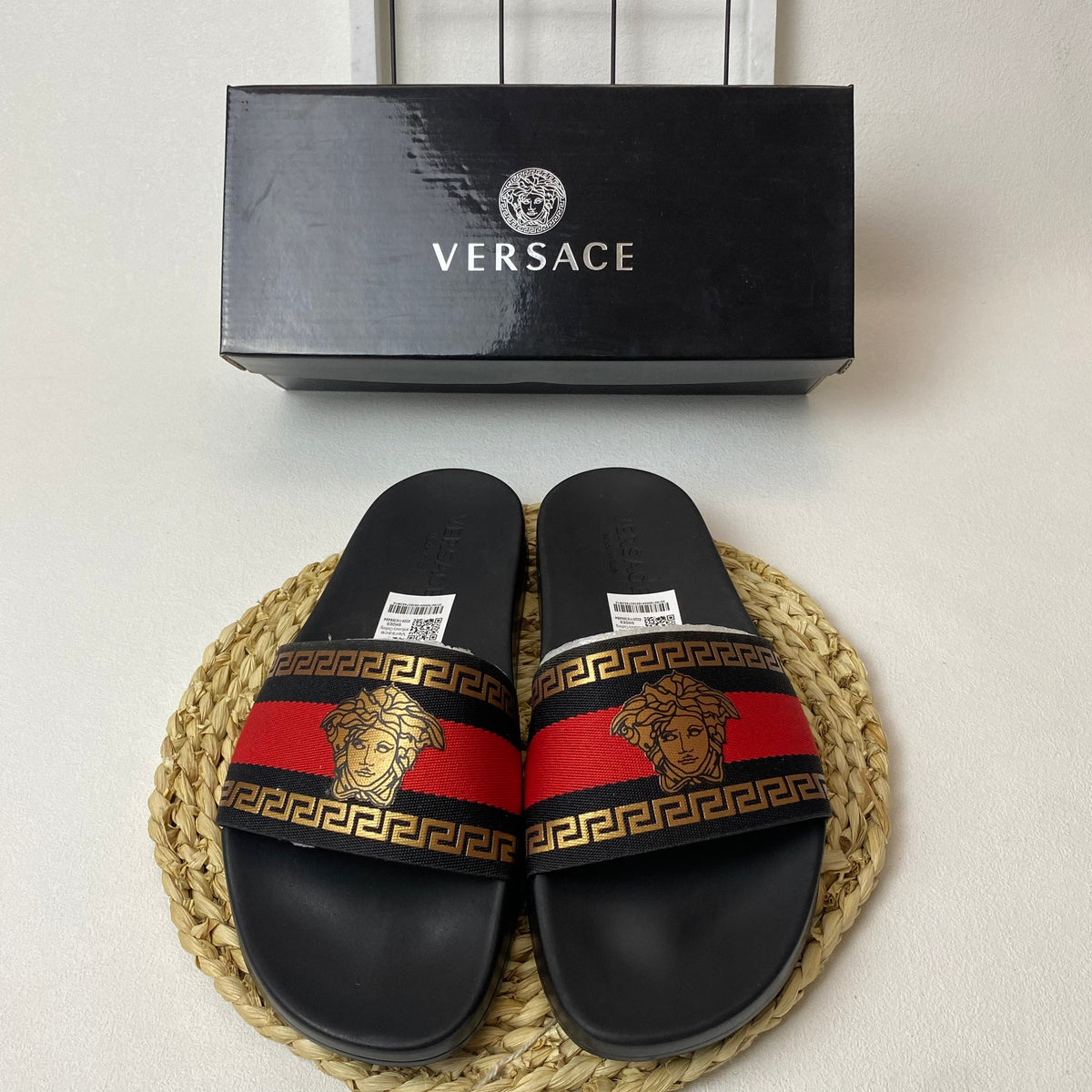 Versace Medusa Slide Sandals with Greek Key Detail