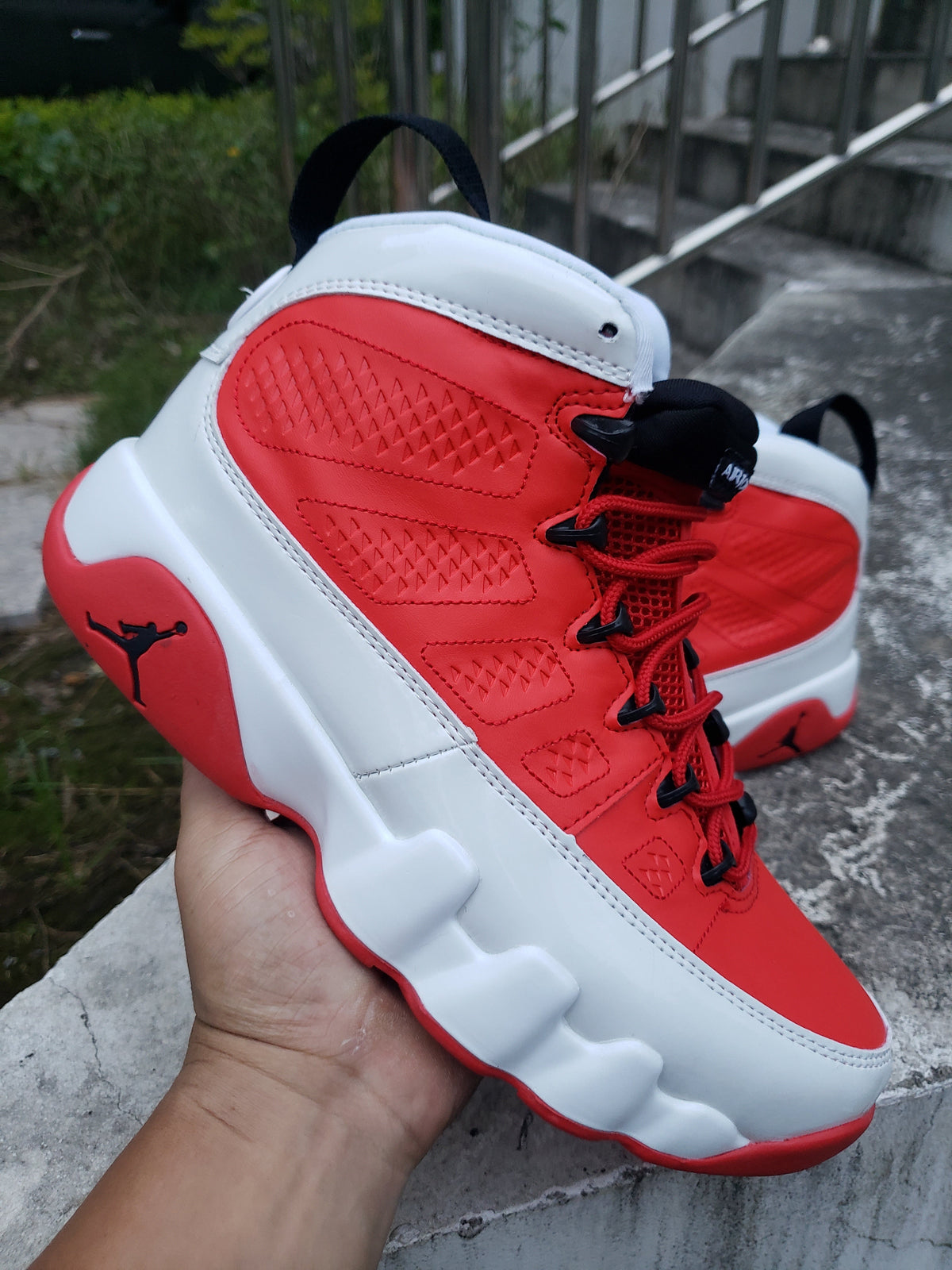 Jordan 9 High-Top Sneakers in Blue, White and Red