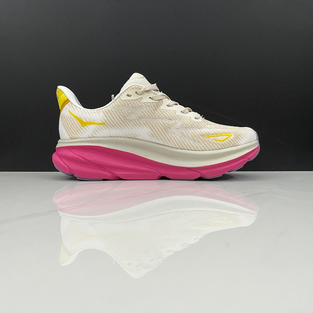 HOKA Clifton 9 Running Shoes in Ivory and Pink