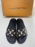 Louis Vuitton Monogram Slide Sandals with Black Footbed