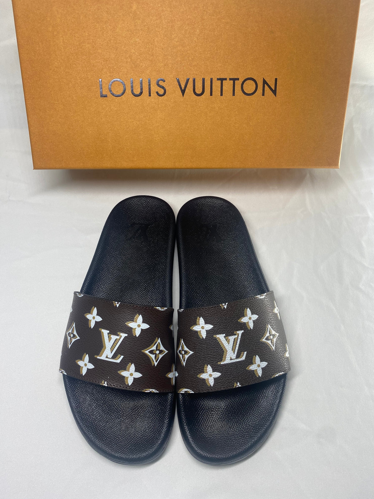 Louis Vuitton Monogram Slide Sandals with Black Footbed