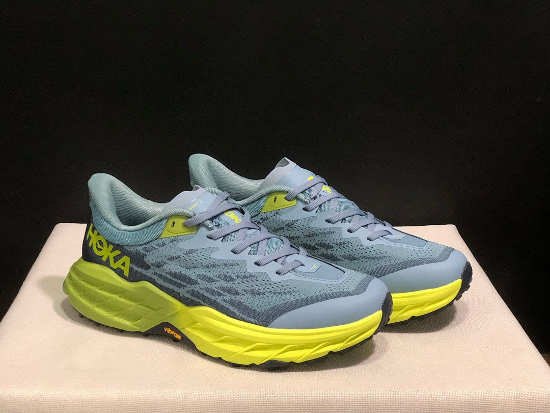 HOKA Speedgoat 5 Trail Running Shoes, Blue and Lime