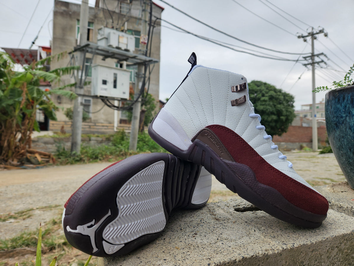 Jordan 12 White and Burgundy High-Top Sneakers