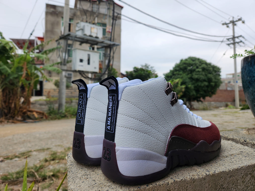 Jordan 12 White and Burgundy High-Top Sneakers