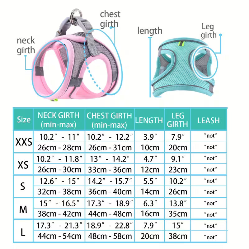 Escape-Proof Mesh Harness Vest for Small Dogs & Cats – Soft Breathable Reflective Adjustable Walking Jacket