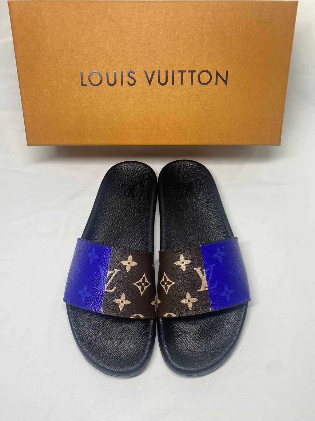 Louis Vuitton Monogram Slide Sandals with Black Footbed