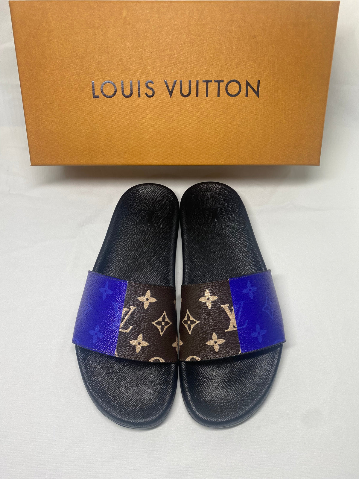 Louis Vuitton Monogram Slide Sandals with Black Footbed