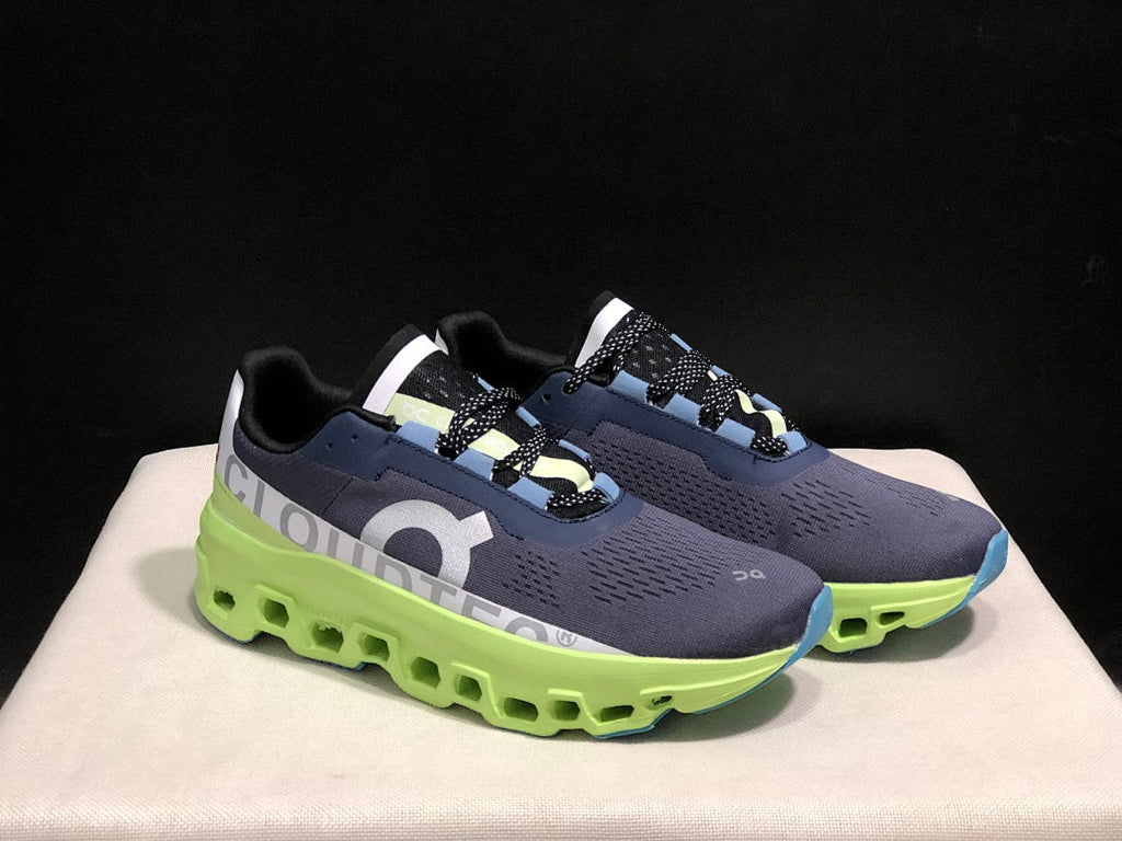 On Cloudmonster Running Shoes in Navy and Lime