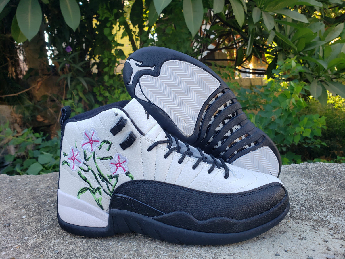 Jordan 12 White and Black Floral High-Top Sneakers