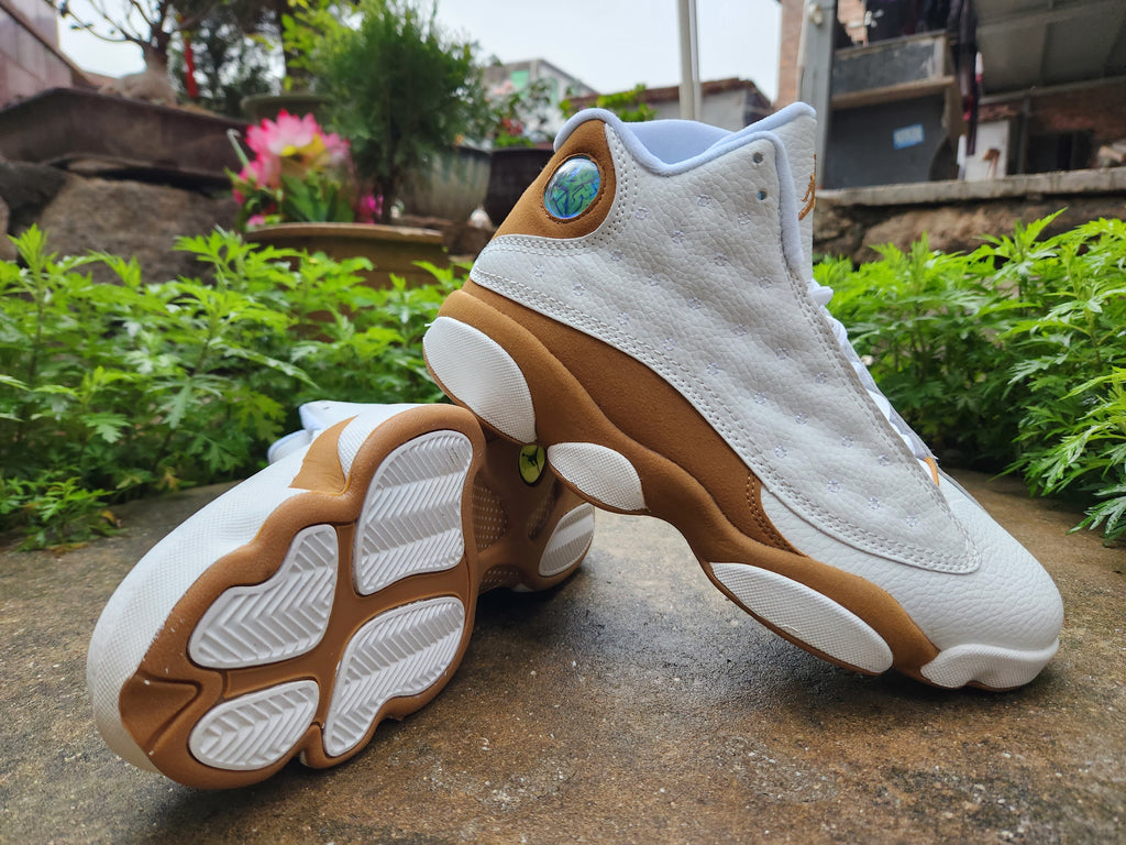 Jordan 13 Retro White and Wheat High-Top Sneakers