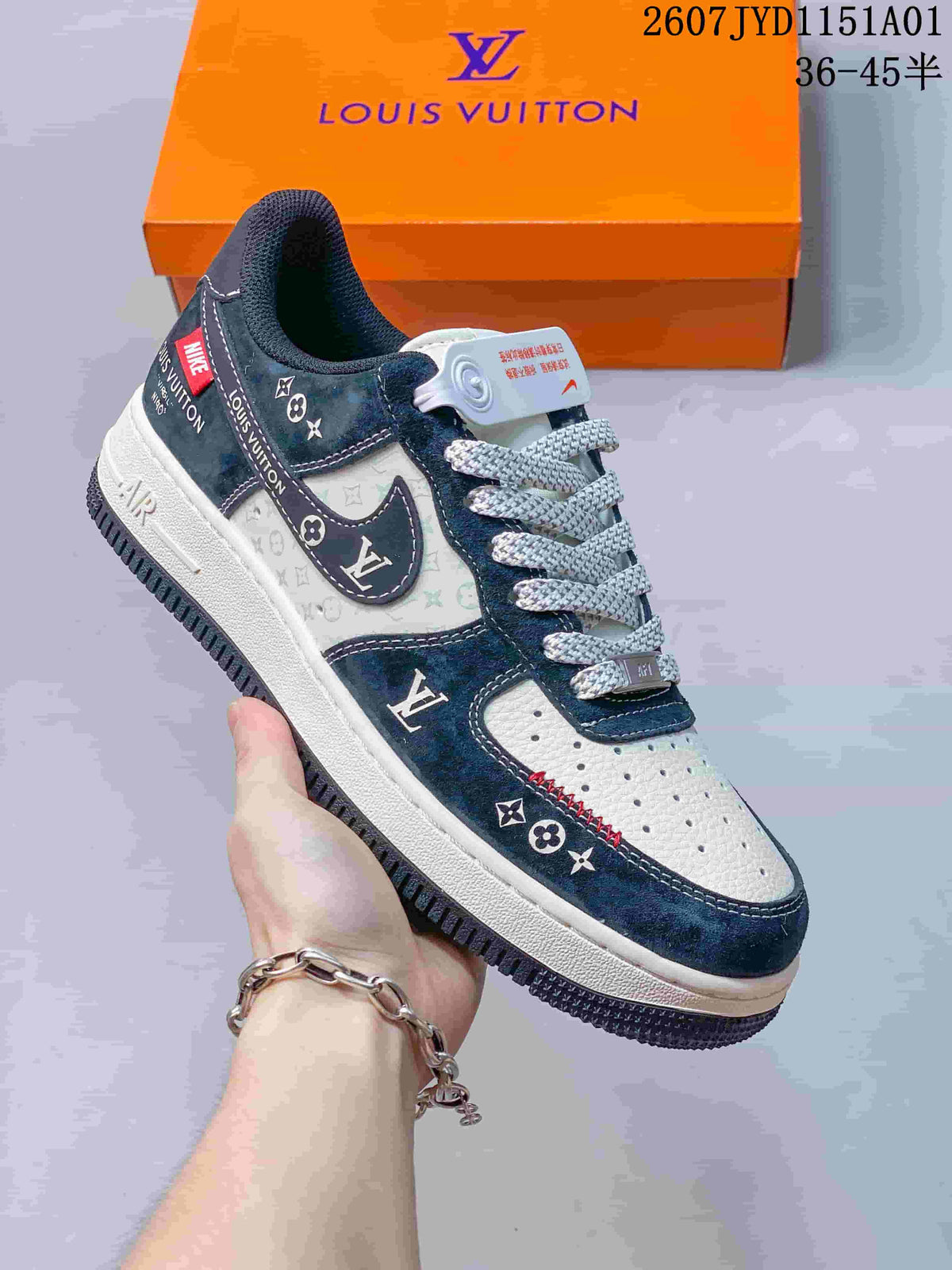 Nike Air Force 1 ’07 Low Monogram Sneakers, White and Navy