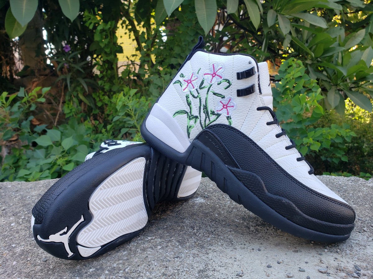 Jordan 12 White and Black Floral High-Top Sneakers