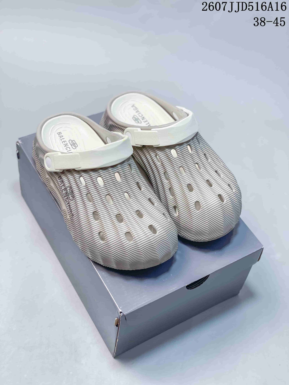 Balenciaga Logo Clog Sandals in Off-White with Brown Strap