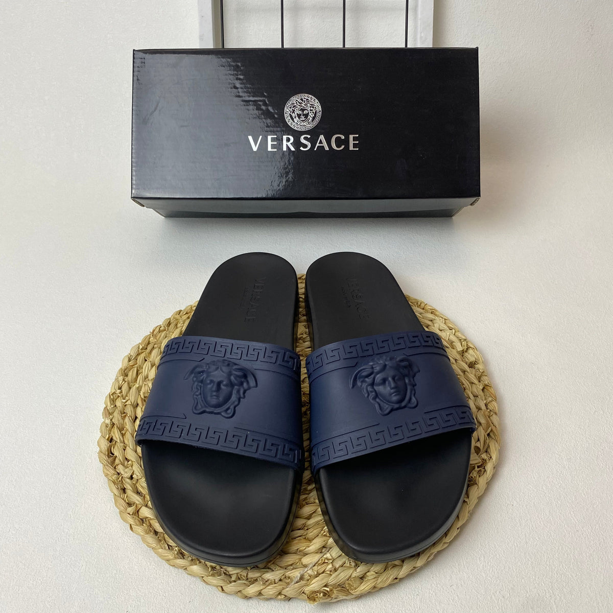 Versace Medusa Slide Sandals with Greek Key Detail