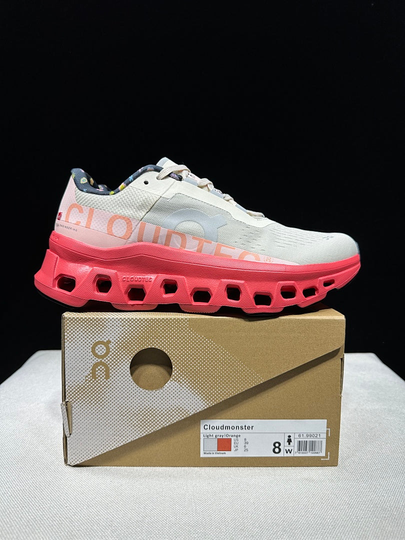 On Cloudmonster Sneakers in Light Gray and Coral