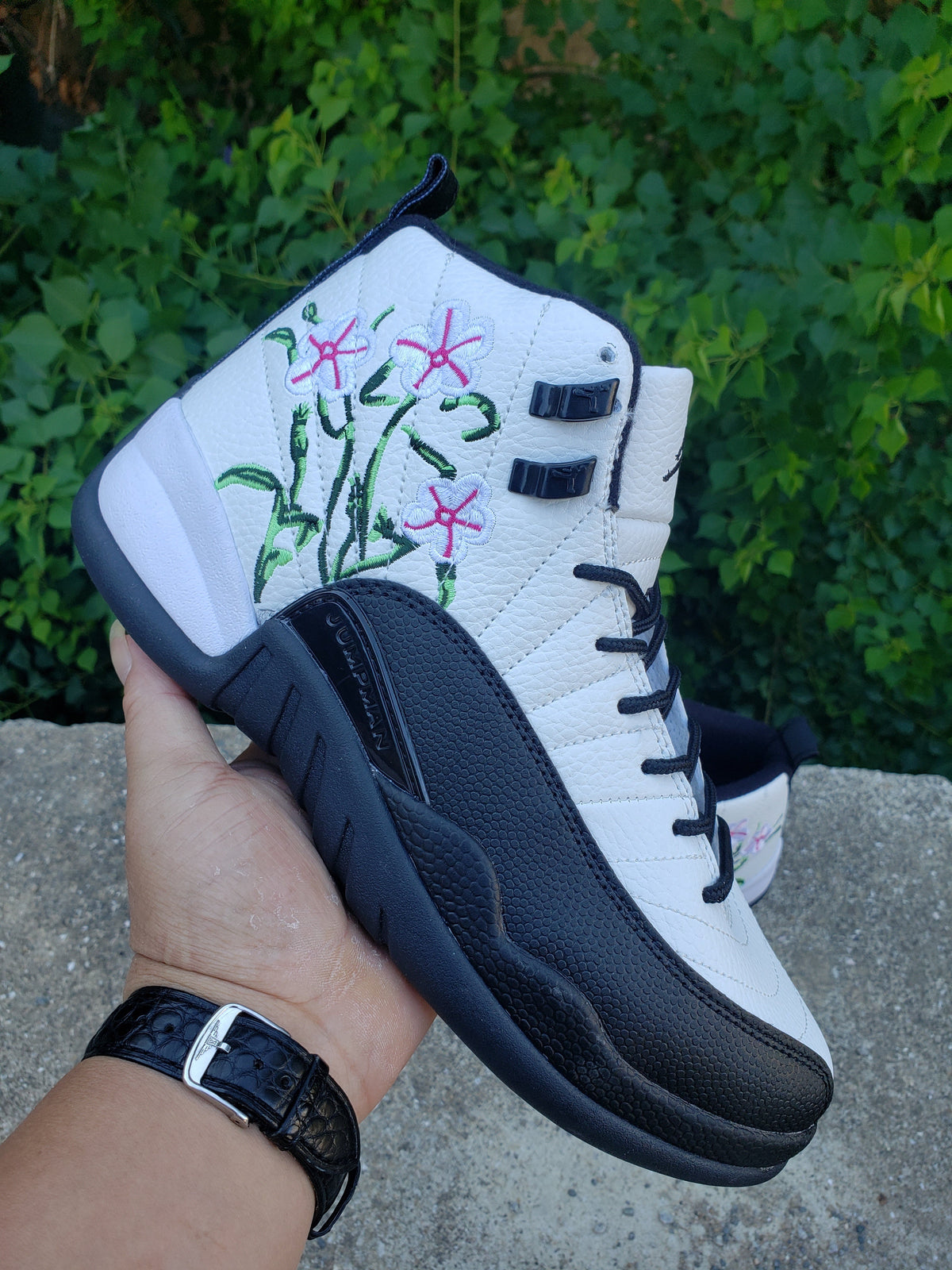Jordan 12 White and Black Floral High-Top Sneakers
