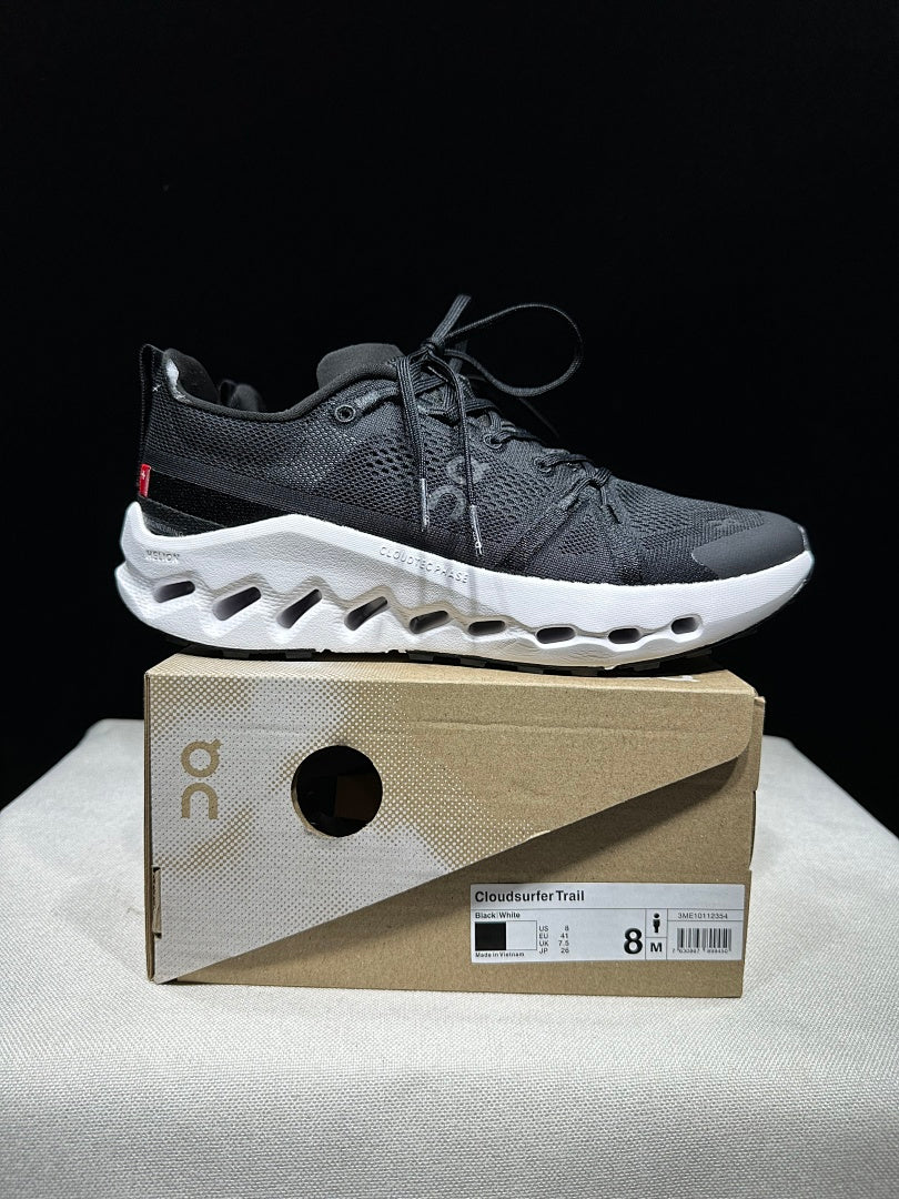On Cloudsurfer Trail Black and White Trail Running Shoes