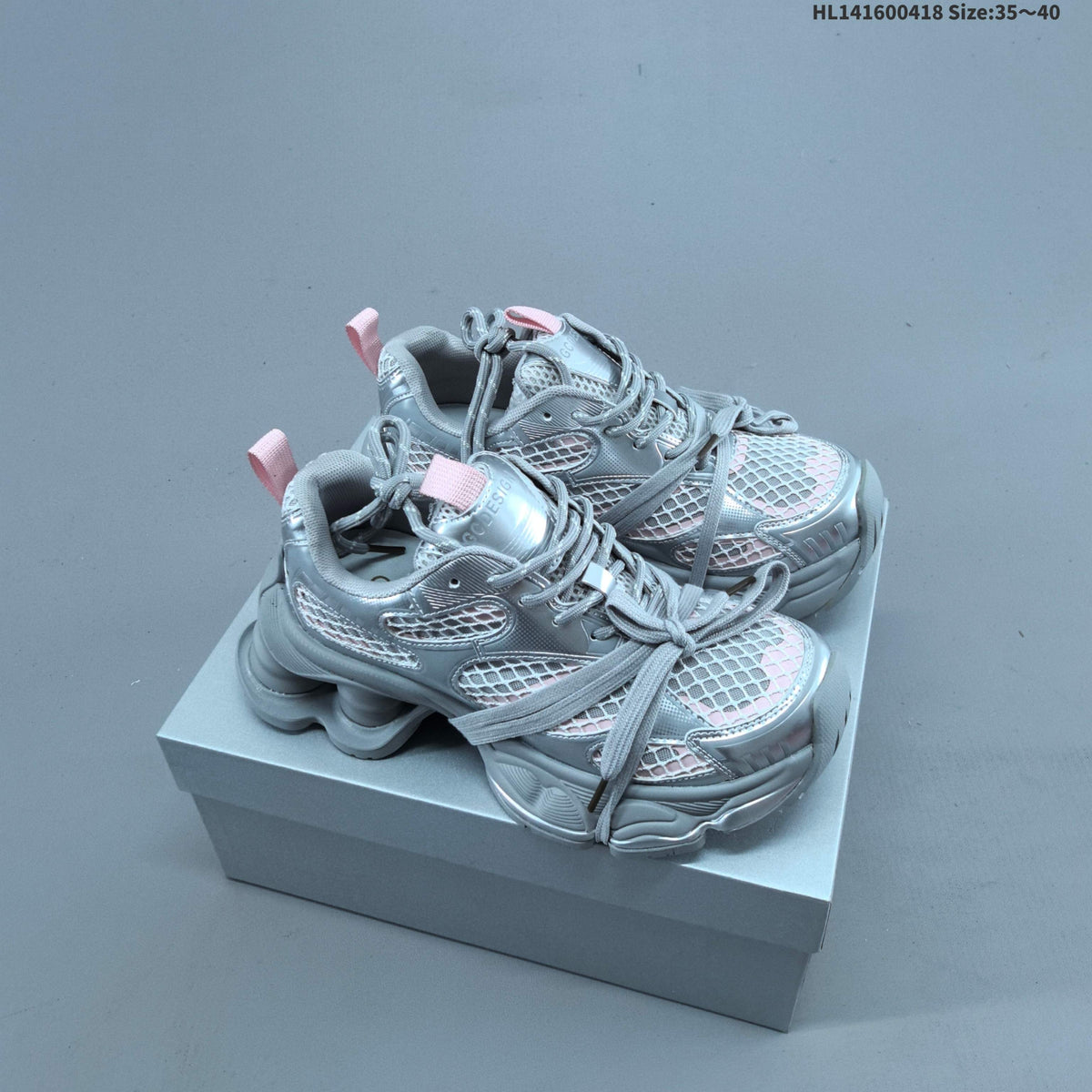 Chunky Platform Sneakers in Silver and White with Mesh Panels
