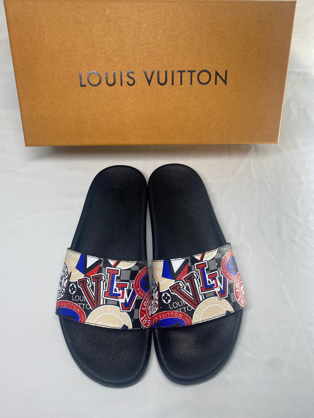 Louis Vuitton Monogram Slide Sandals with Black Footbed