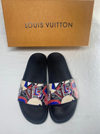 Louis Vuitton Monogram Slide Sandals with Black Footbed