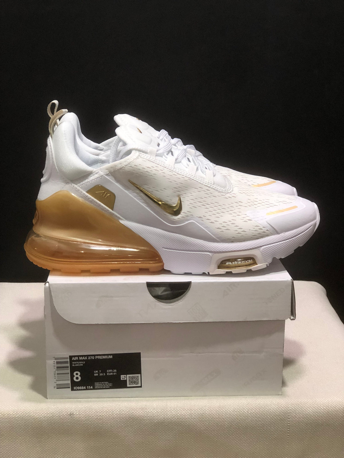 Nike Air Max 270 Premium White and Gold Sneakers