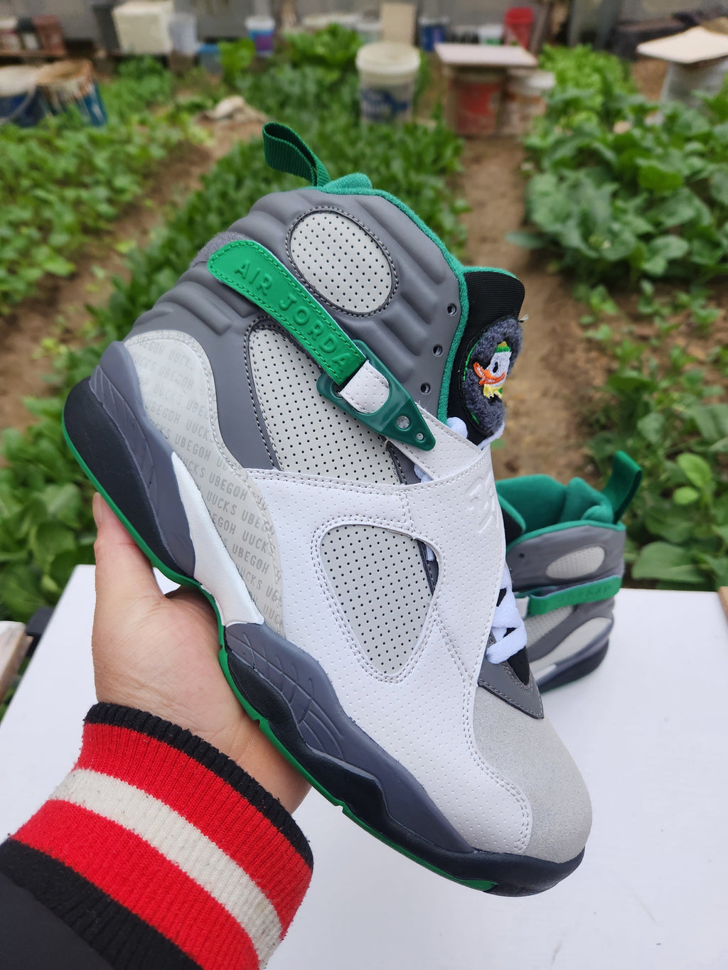 Jordan 8 High-Top Sneakers in Green, White and Grey