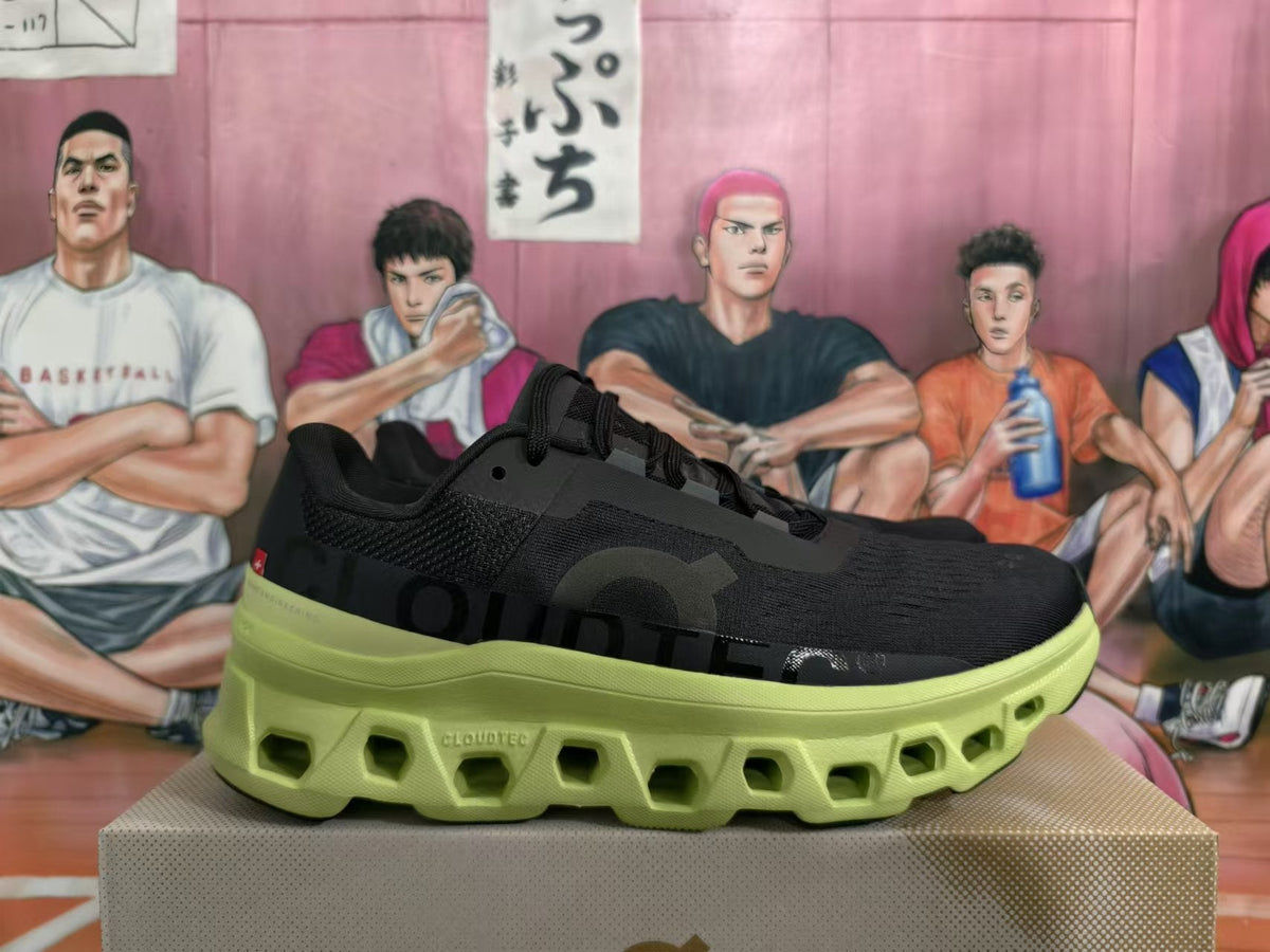 On Running Cloudmonster Sneakers Black and Lime Green