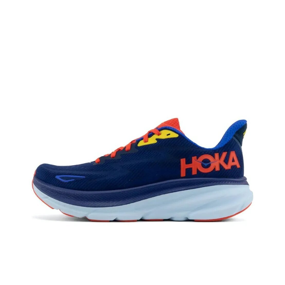 HOKA Clifton 9 Running Shoes in Navy, Red and Yellow