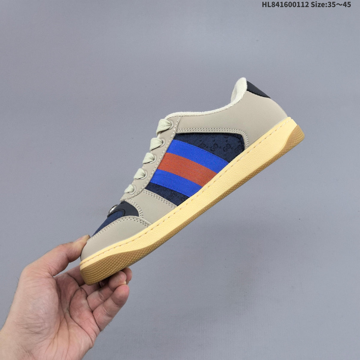 Gucci Screener Distressed Low-Top Sneakers in Beige and Navy