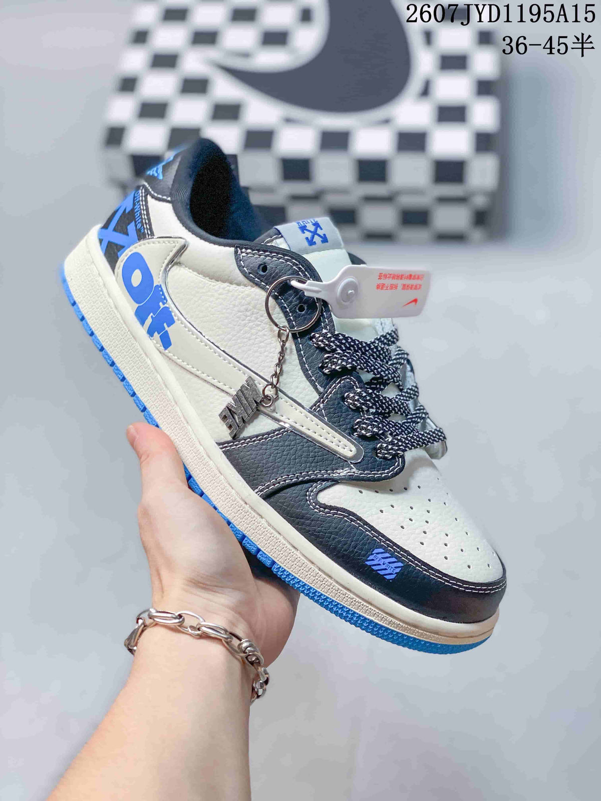 Air Jordan 1 Low OW-Style Sneakers in White, Black and Blue