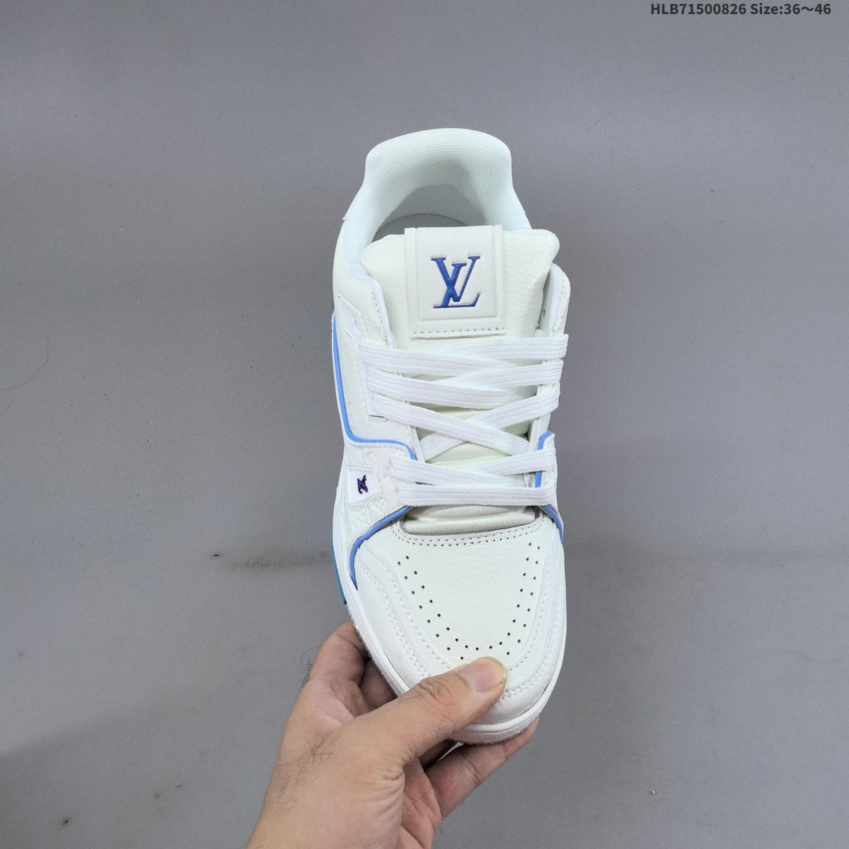 Louis Vuitton White Low-Top Sneakers with Blue Accents