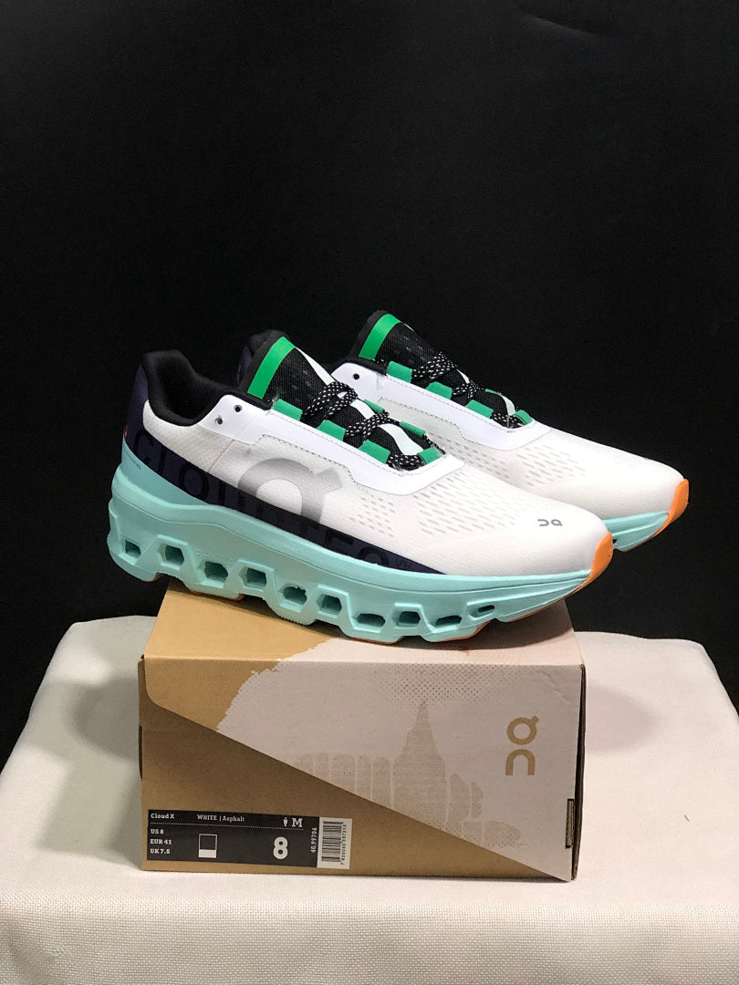 On Cloudmonster Running Shoes in White and Aqua
