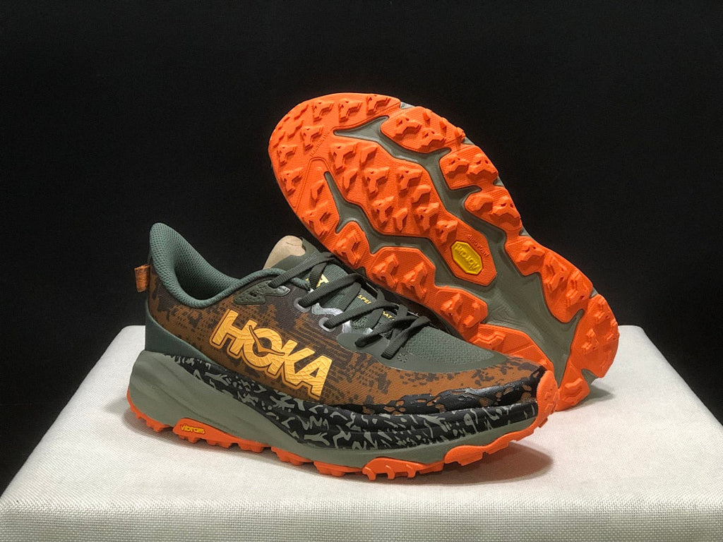 HOKA Speedgoat 6 Trail Running Shoes in Olive and Orange