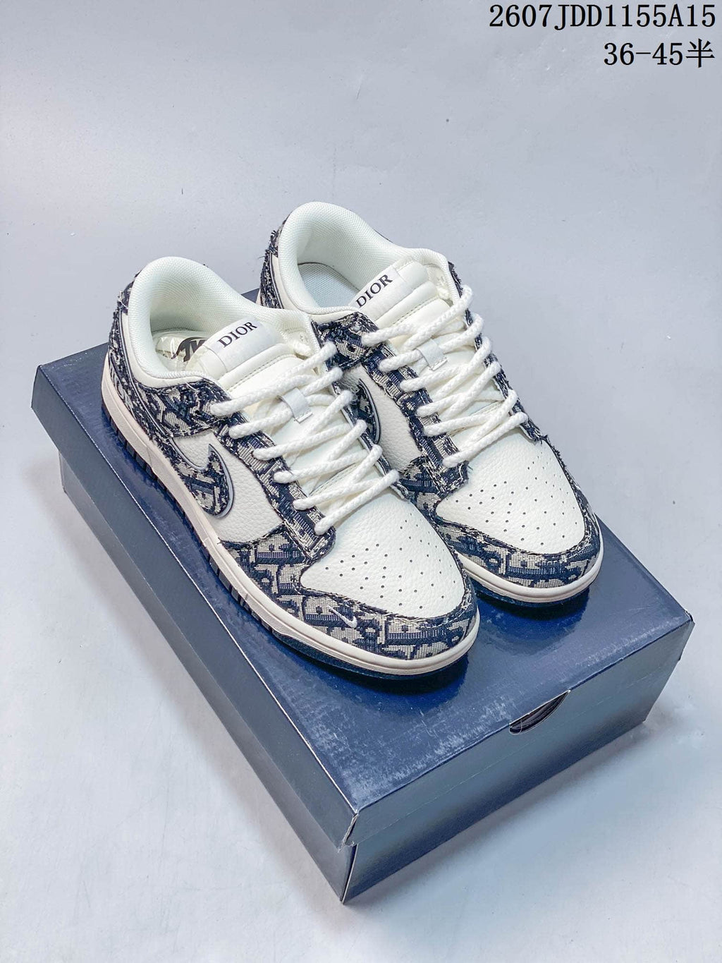 Nike SB Dunk Low White Navy Dior Pattern Sneakers