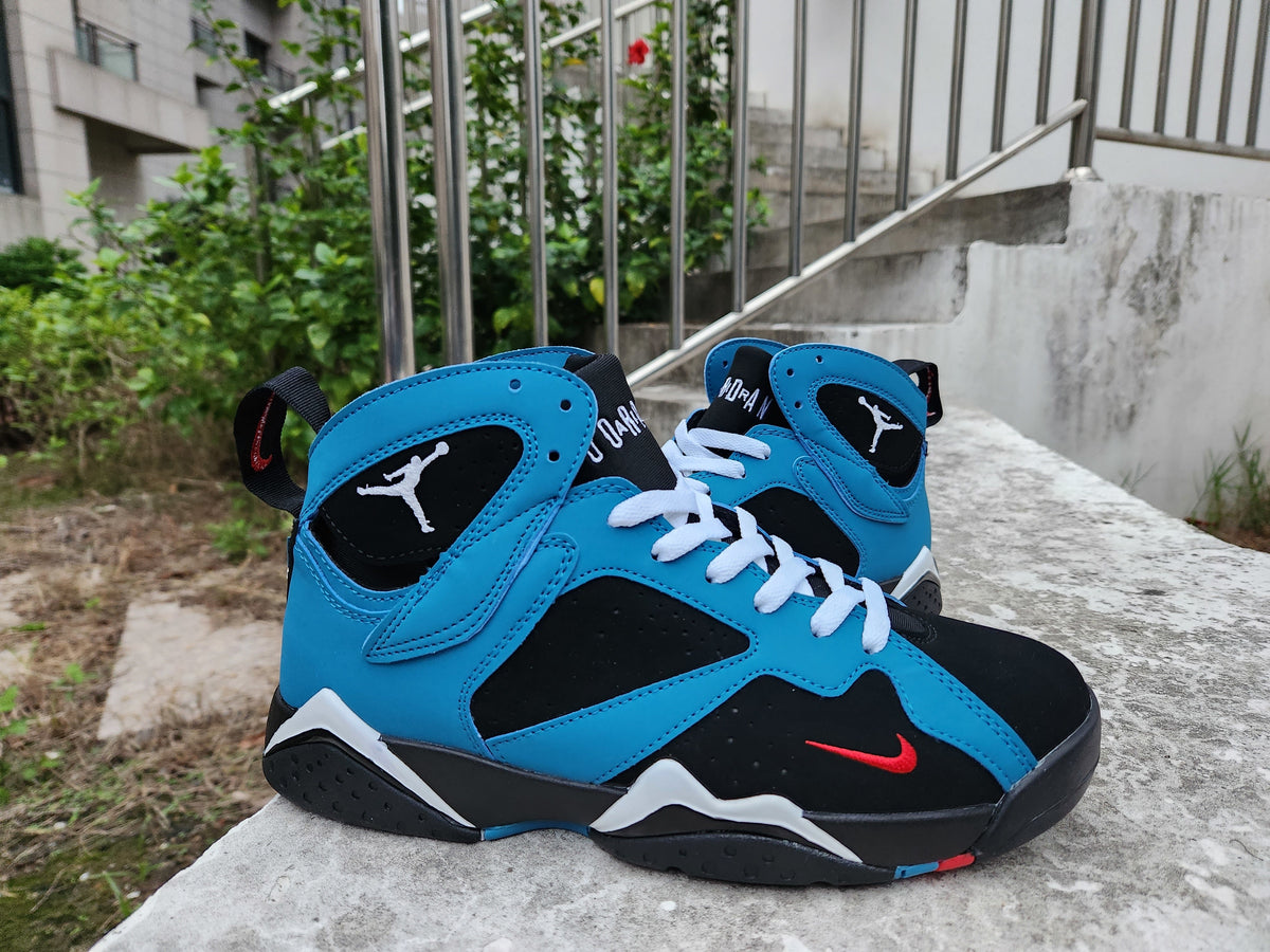 Jordan 7 High-Top Sneakers in Blue, Black and Red