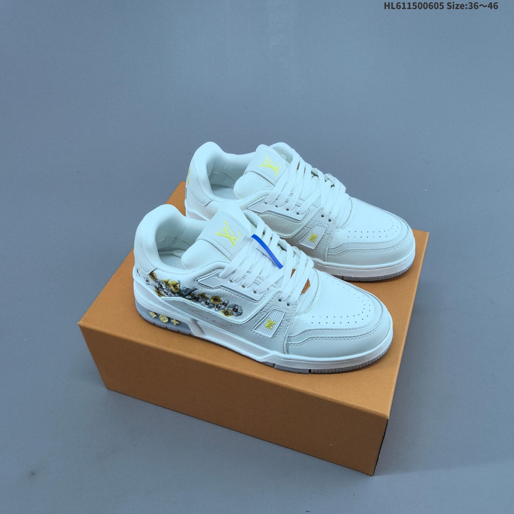 Louis Vuitton Low-Top Sneakers in White with Floral or Black Trim