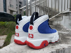 Jordan 9 High-Top Sneakers in Blue, White and Red