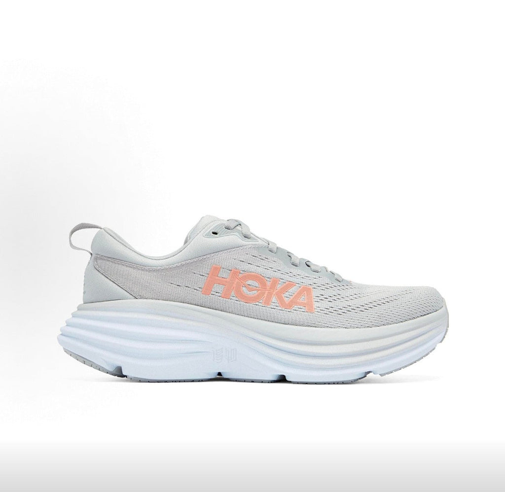 HOKA Bondi 8 Gray and Coral Running Sneakers
