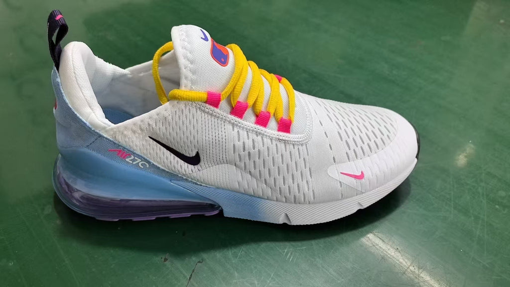 Nike Air Max 270 White, Purple, and Orange Sneakers